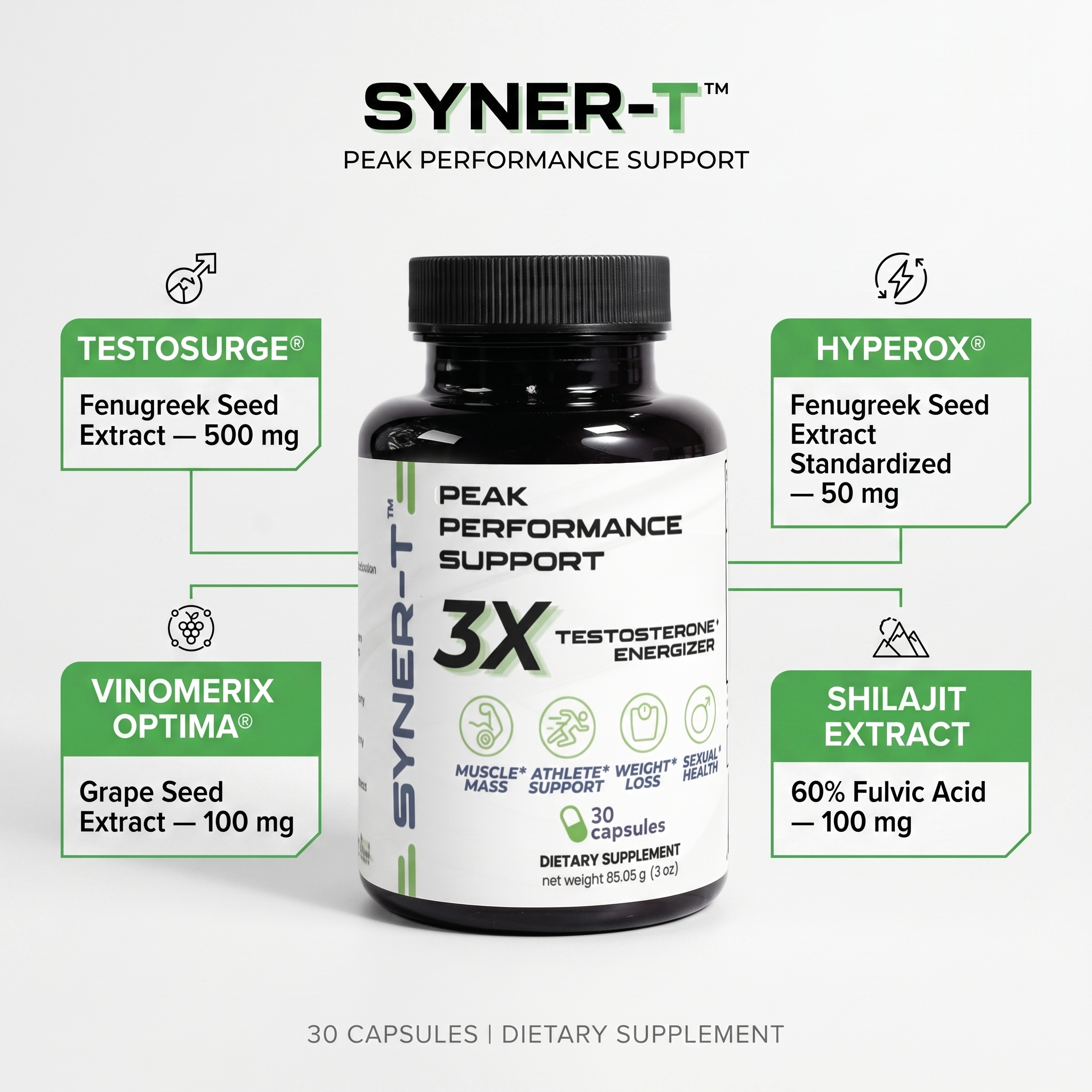Syner-T Peak Performance Support infographic showing all 4 key ingredients: Testosurge, Hyperox, Vinomerix Optima, and Shilajit Extract